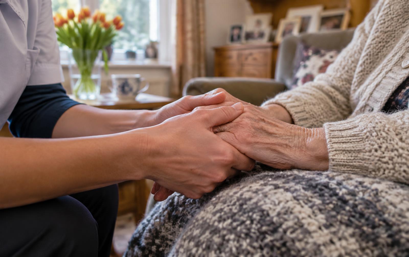 Handen van een zorgverlener die de handen van een oudere cliënt vasthoudt